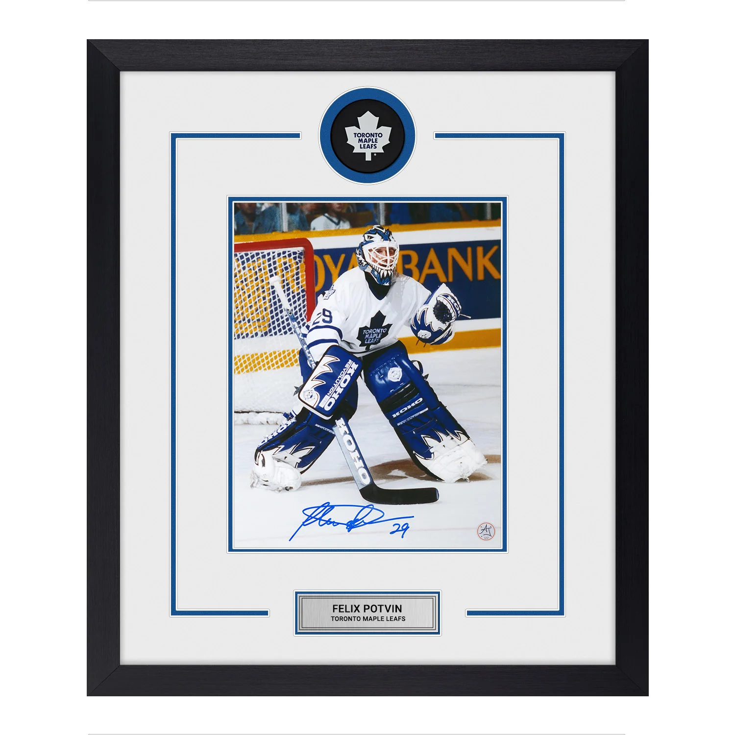 Felix Potvin Autographed Toronto Maple Leafs Puck Logo 23x27 Frame