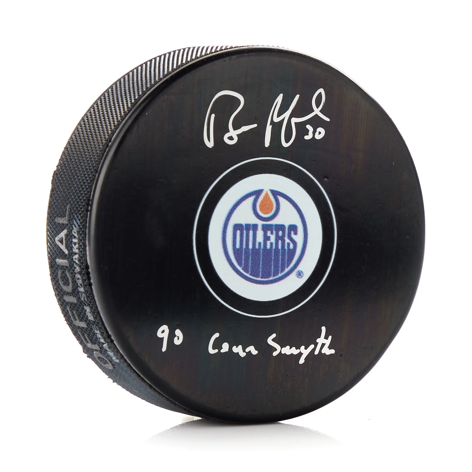 Bill Ranford Signed Edmonton Oilers Puck with 90 Conn Smythe Note