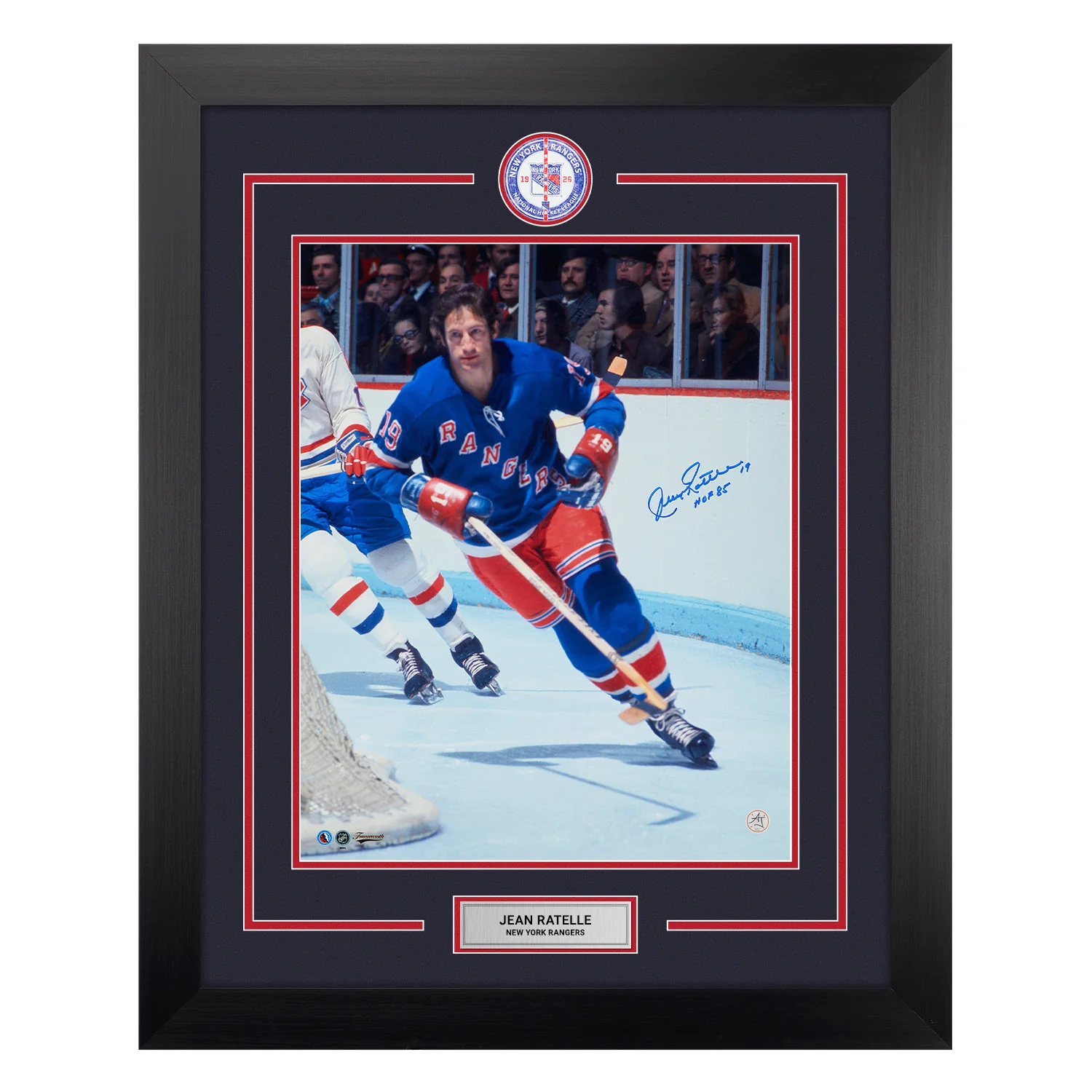 Jean Ratelle Signed New York Rangers Centre Ice Logo 26x32 Frame