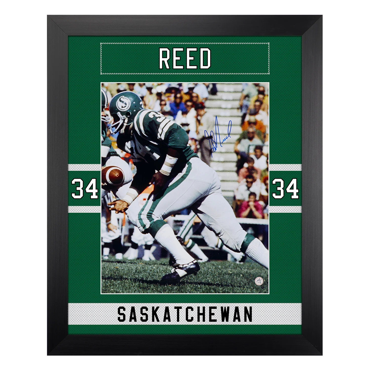 George Reed Signed Saskatchewan Roughriders Uniform Graphic 26x32 Frame