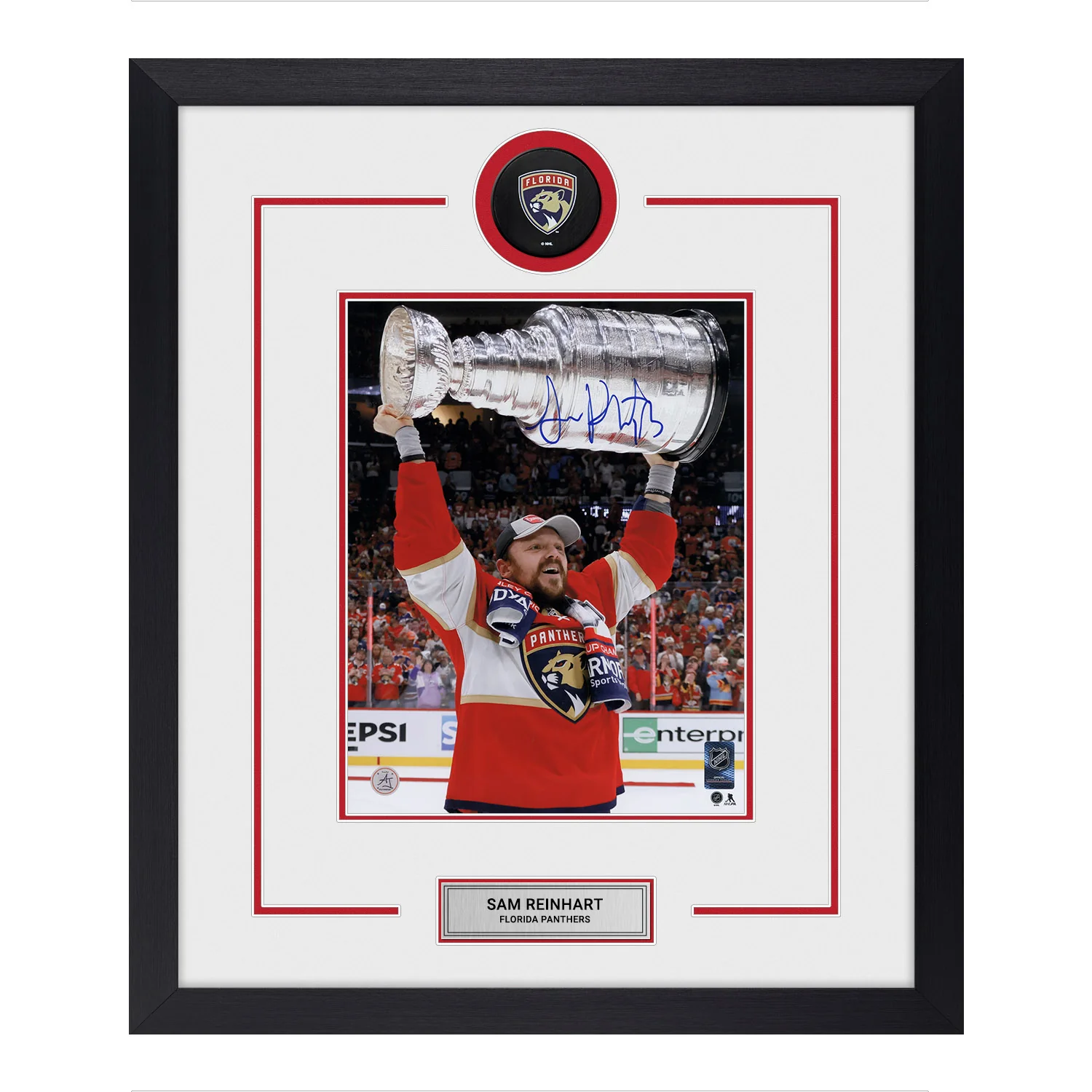 Sam Reinhart Autographed Florida Panthers Puck Logo 23x27 Frame