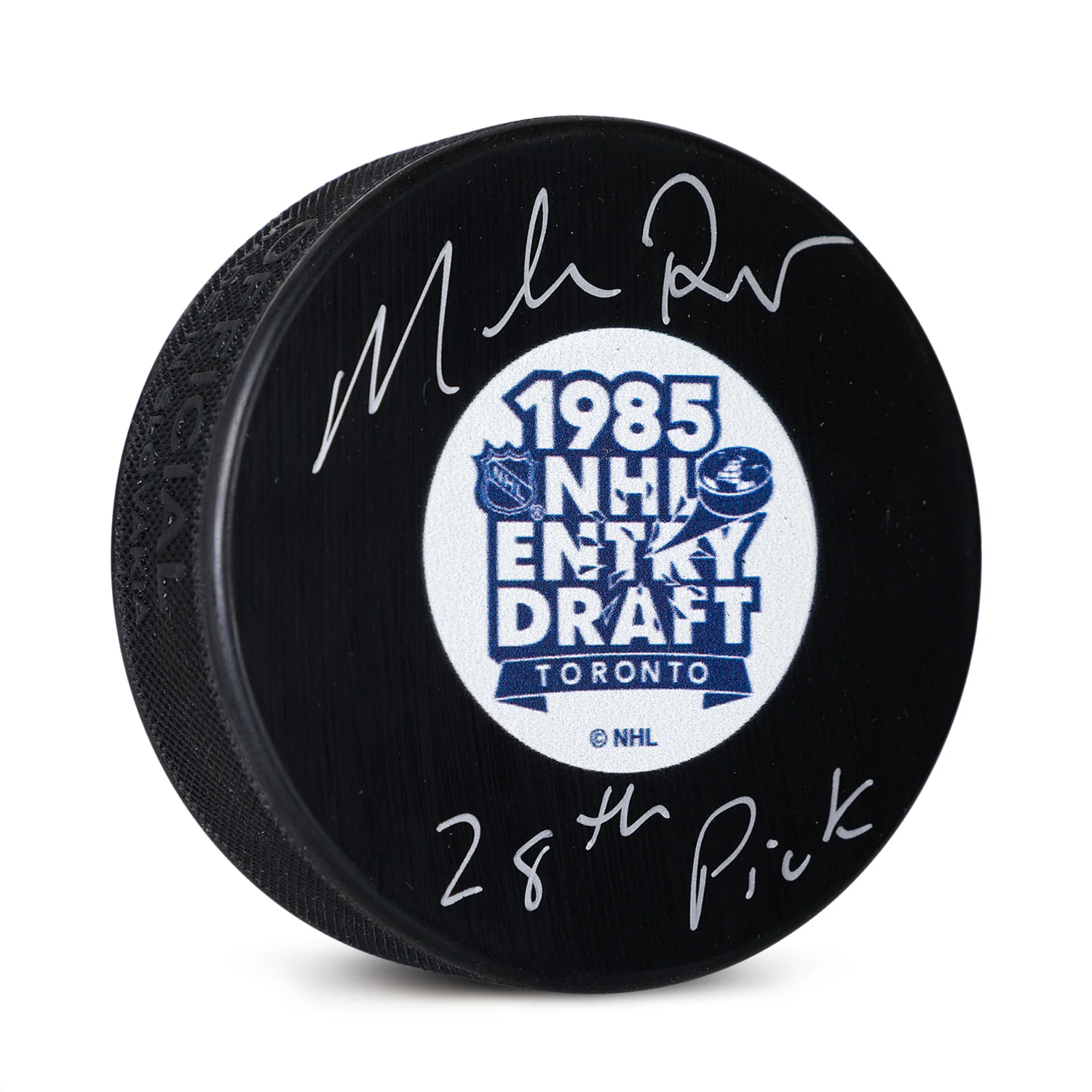 Mike Richter Signed 1985 NHL Entry Draft Puck with 28th Pick Note