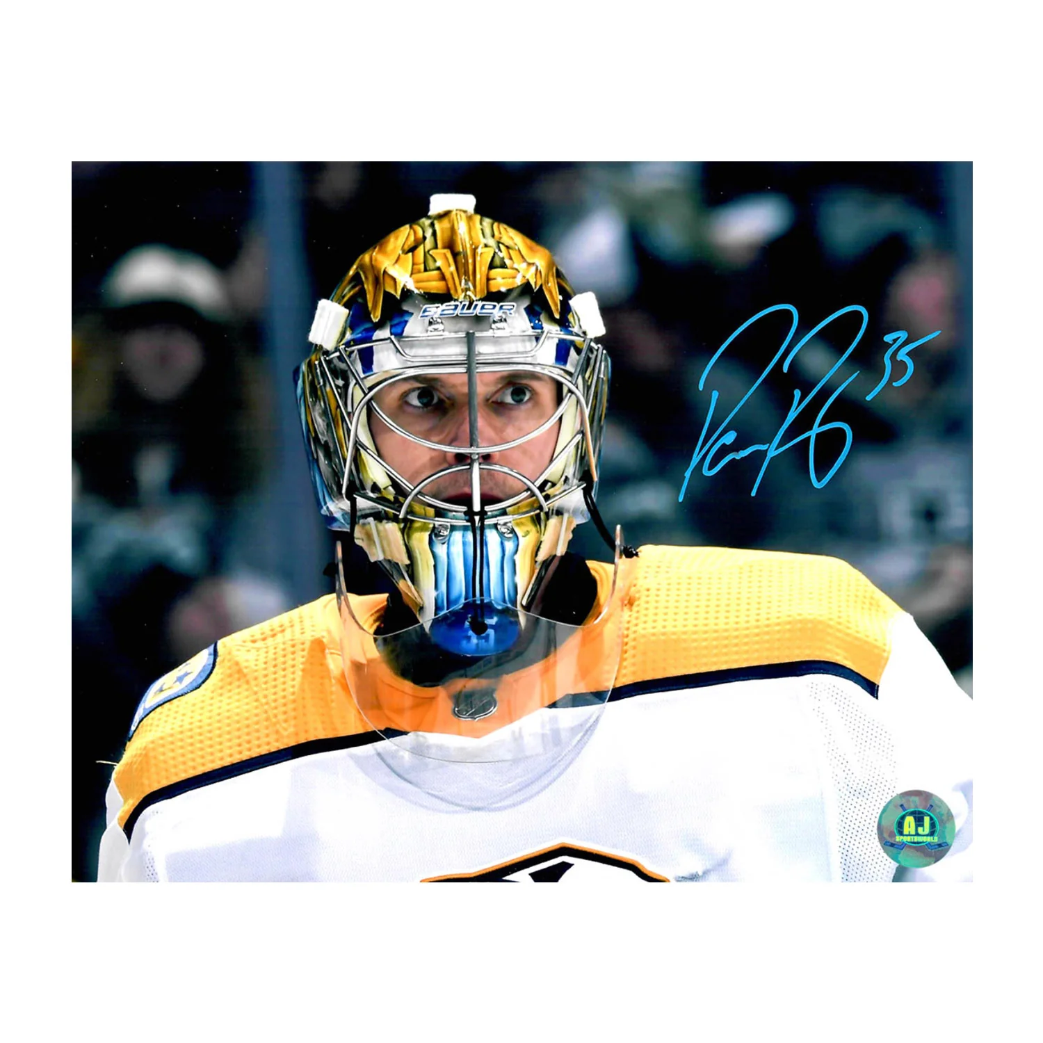 Pekka Rinne Autographed Nashville Predators Mask Close-Up 8x10 Photo