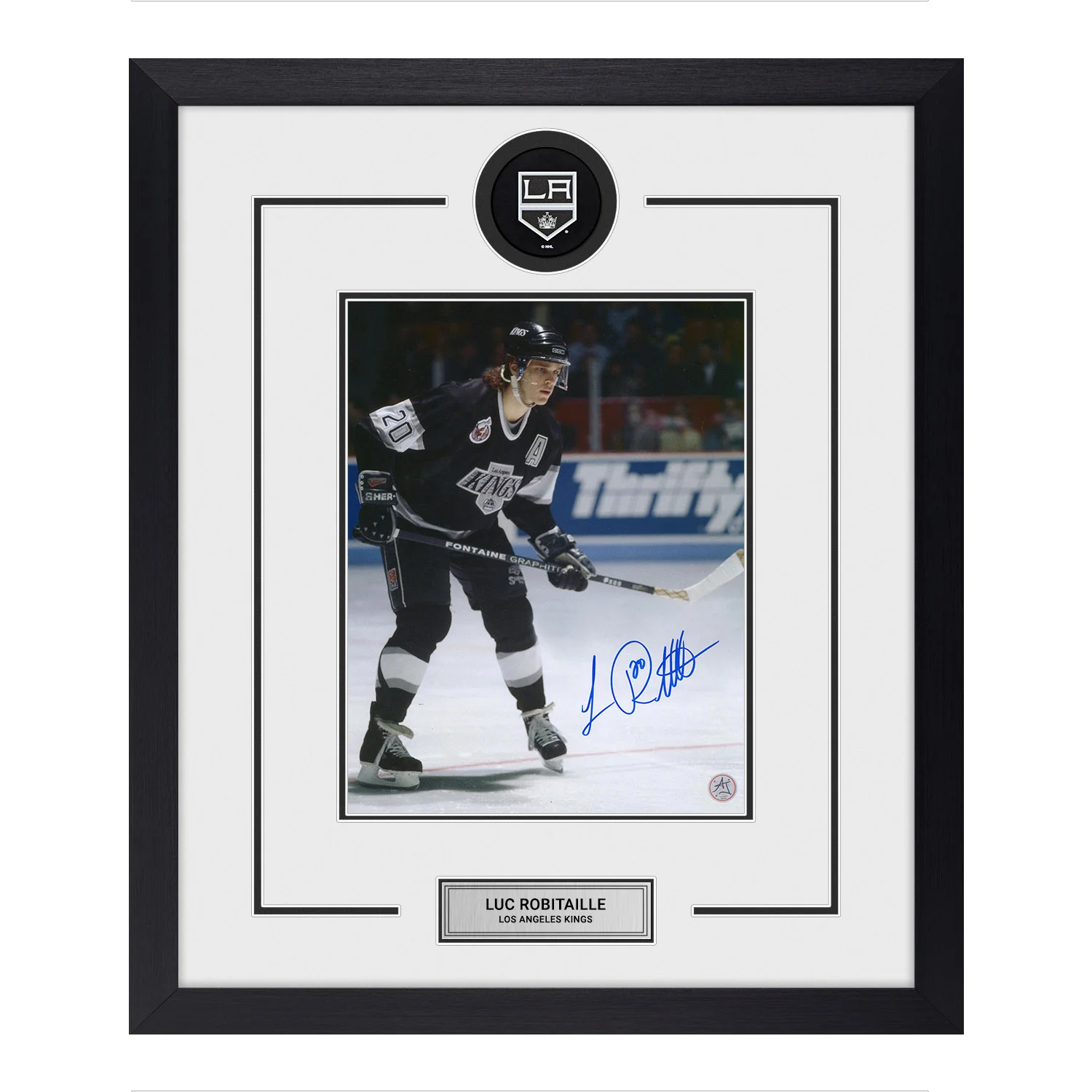 Luc Robitaille Autographed Los Angeles Kings Puck Logo 23x27 Frame