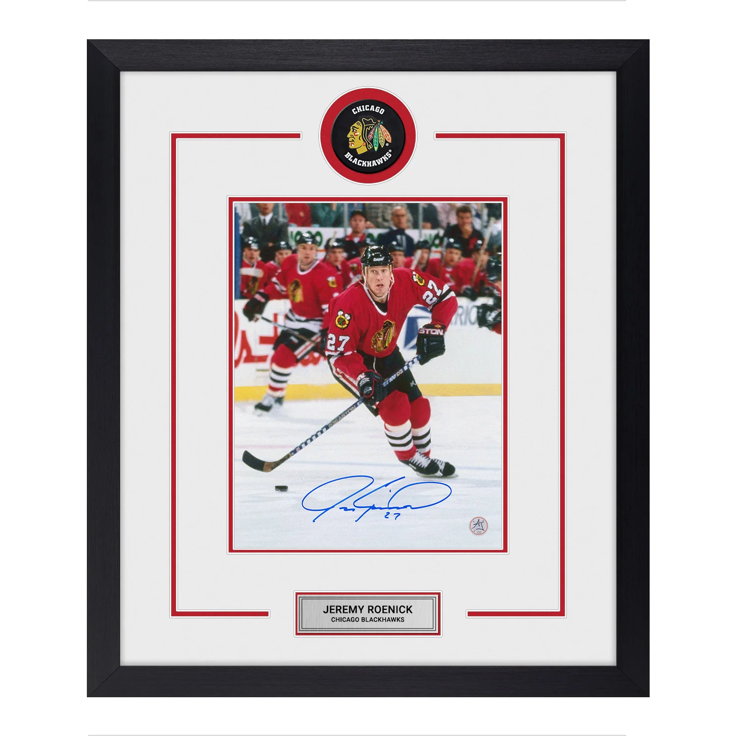 Jeremy Roenick Signed Chicago Blackhawks Puck Logo 23x27 Frame