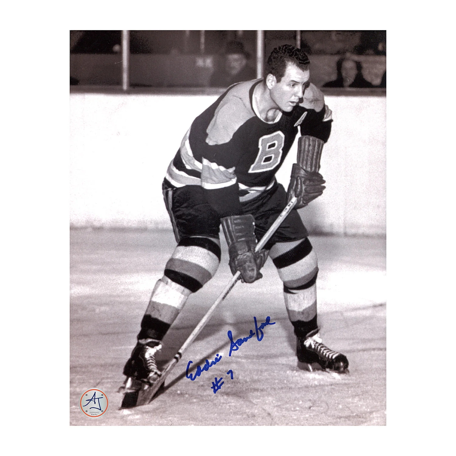 Ed Sandford Autographed Boston Bruins Black and White 8x10 Photo