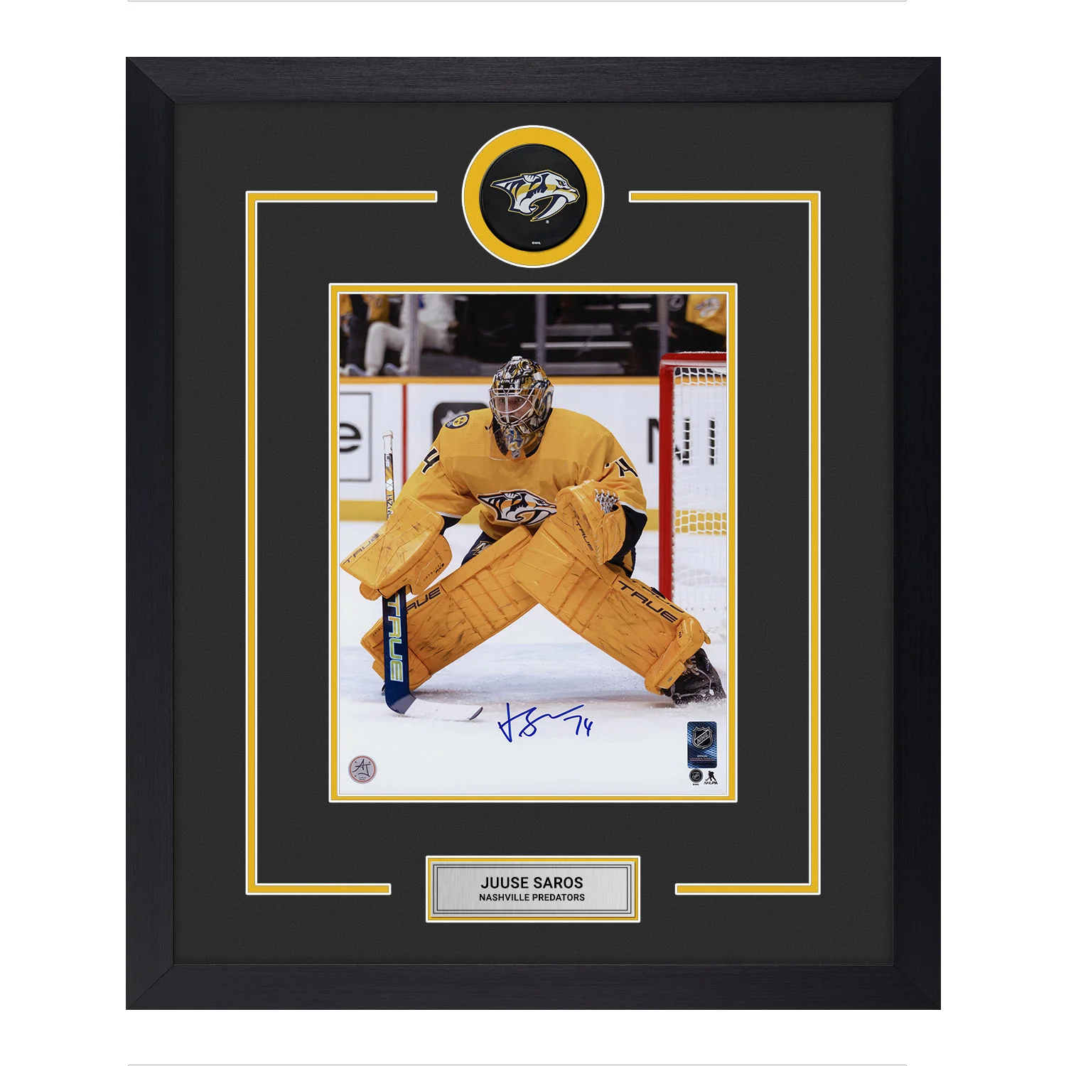 Juuse Saros Signed Nashville Predators Puck Logo 23x27 Frame