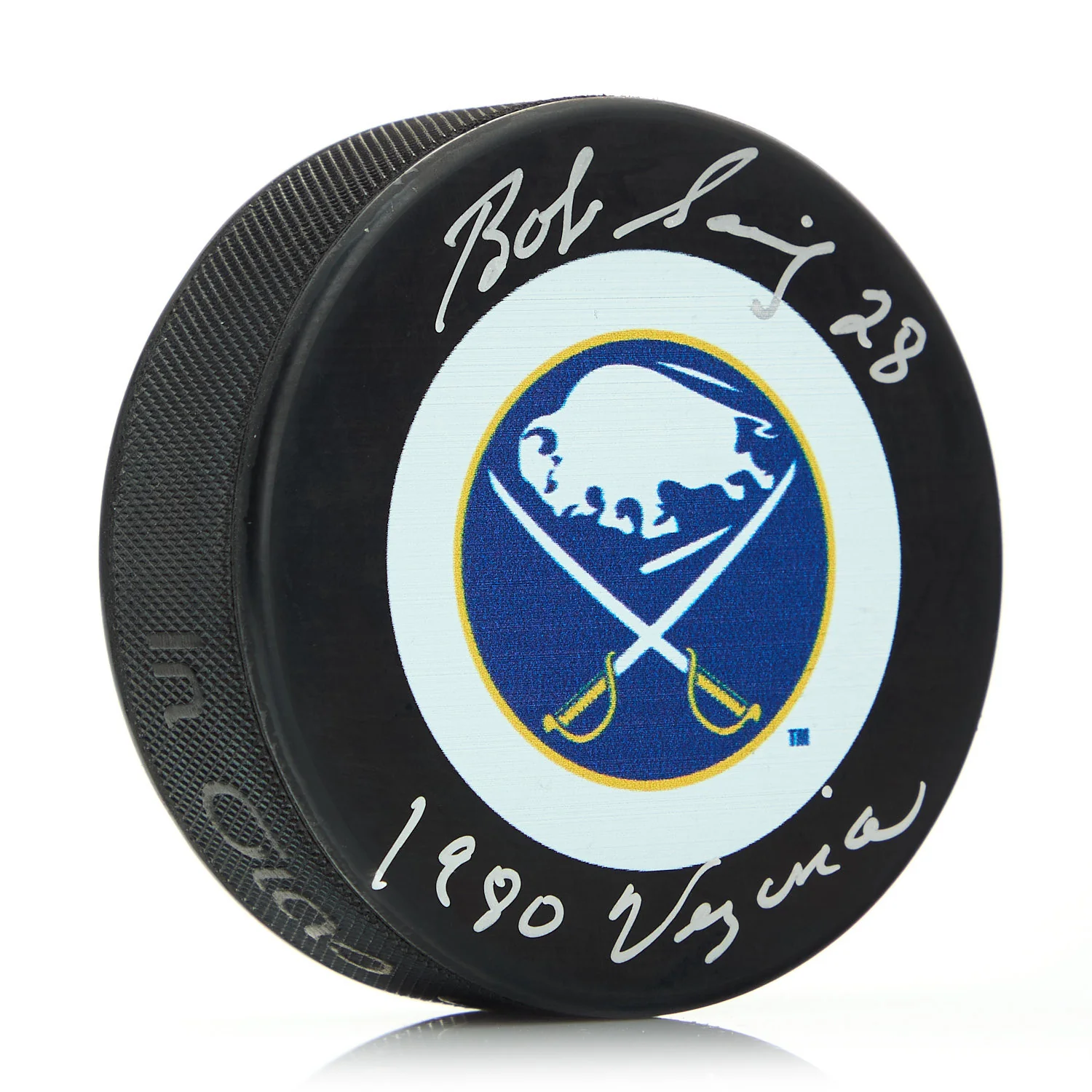 Bob Sauve Autographed Buffalo Sabres Hockey Puck with 1980 Vezina Note