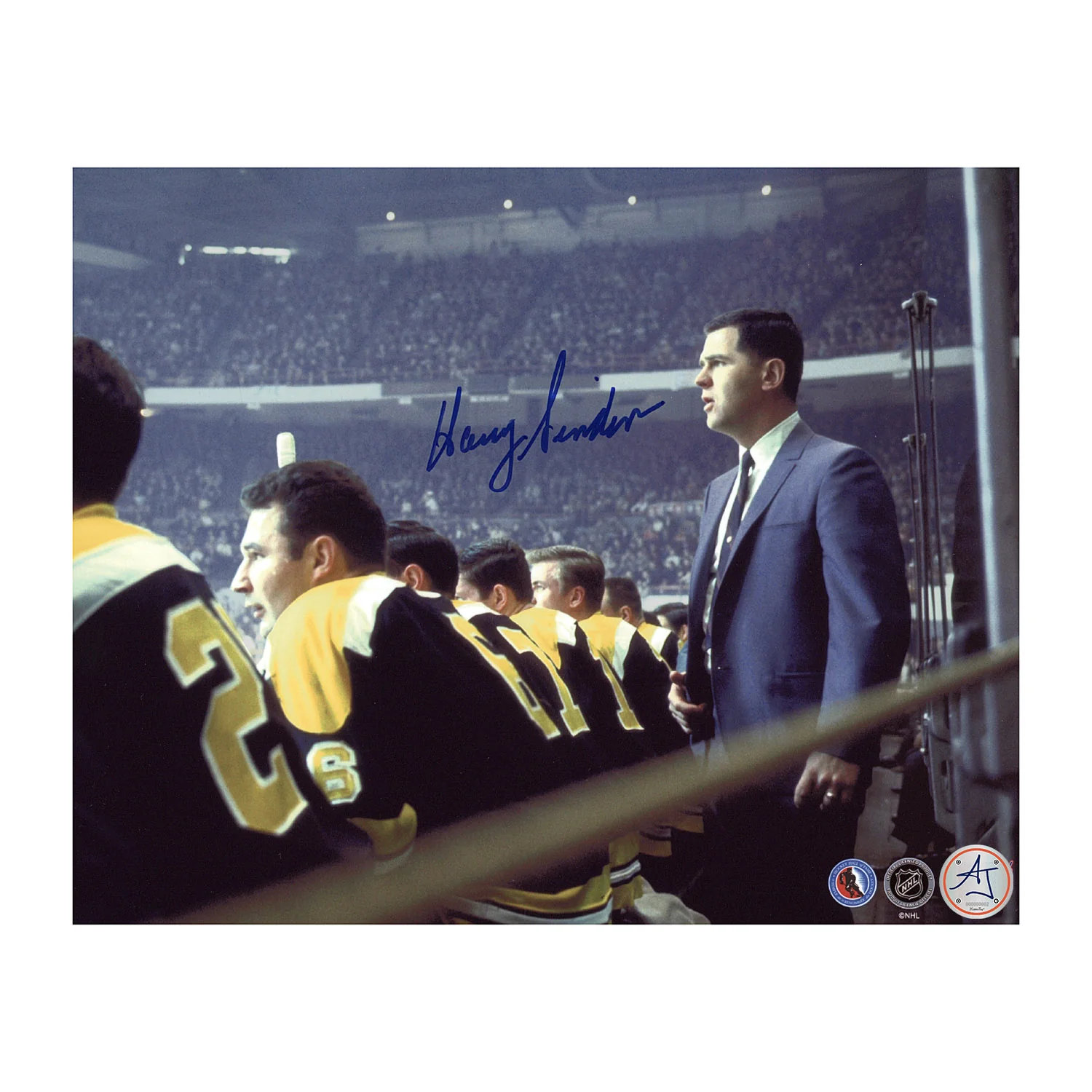 Harry Sinden Autographed Boston Bruins Bench Close-Up 8x10 Photo