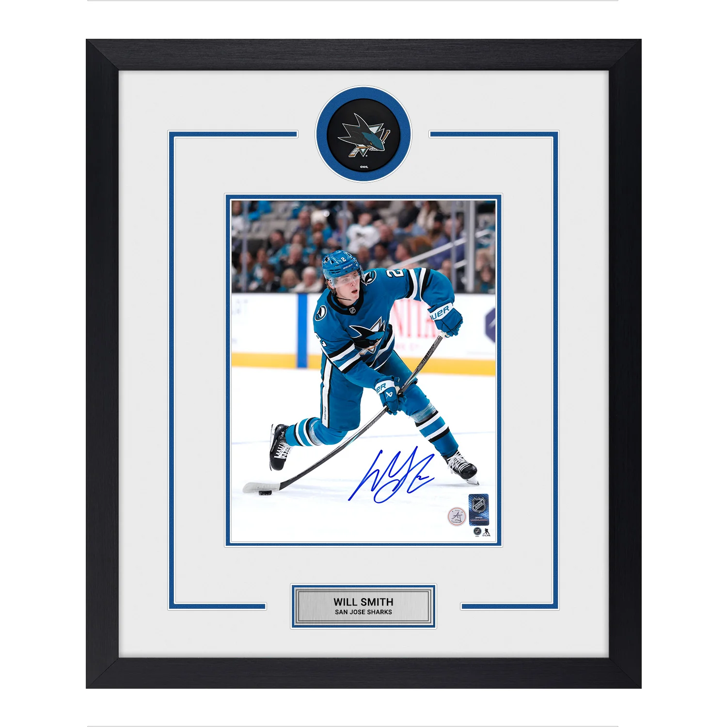 Will Smith Autographed San Jose Sharks Puck Logo 22x26 Frame