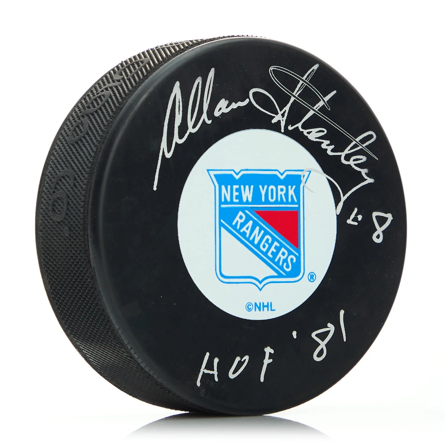 Allan Stanley Signed New York Rangers Hockey Puck with HOF Note