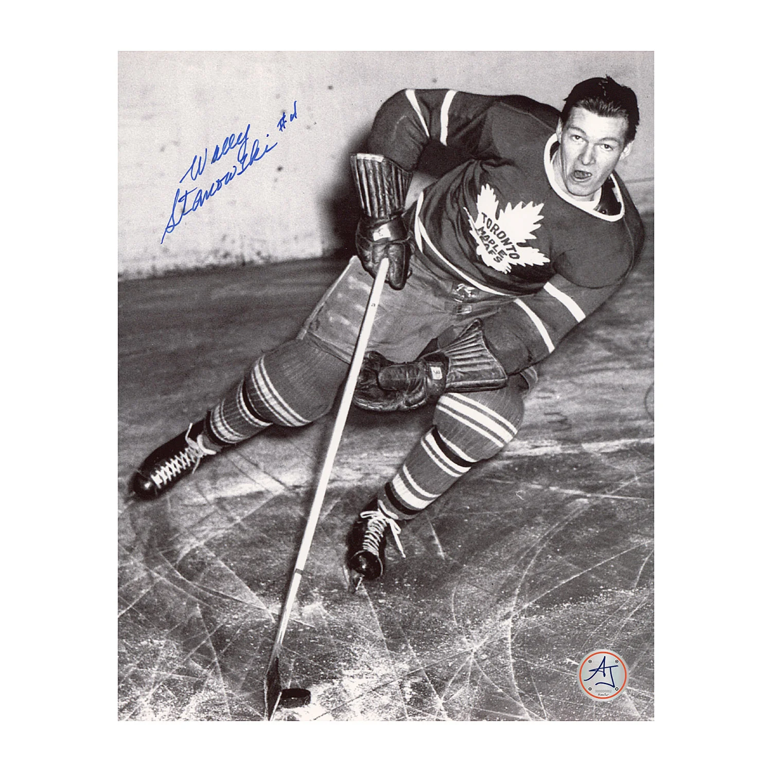 Wally Stanowski Autographed Toronto Maple Leafs Black & White Action 8x10 Photo
