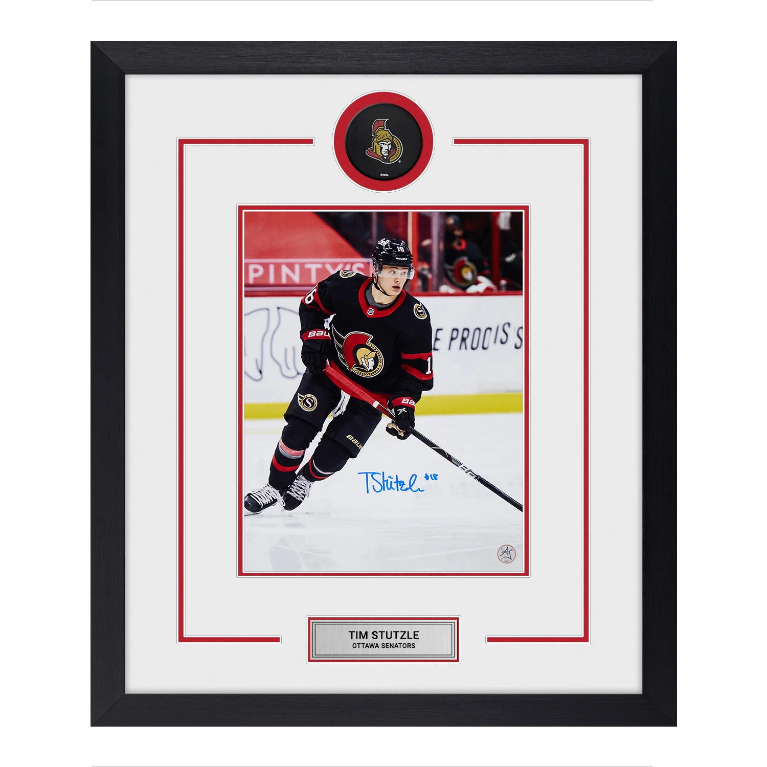 Tim Stutzle Autographed Ottawa Senators Puck Logo 23x27 Frame