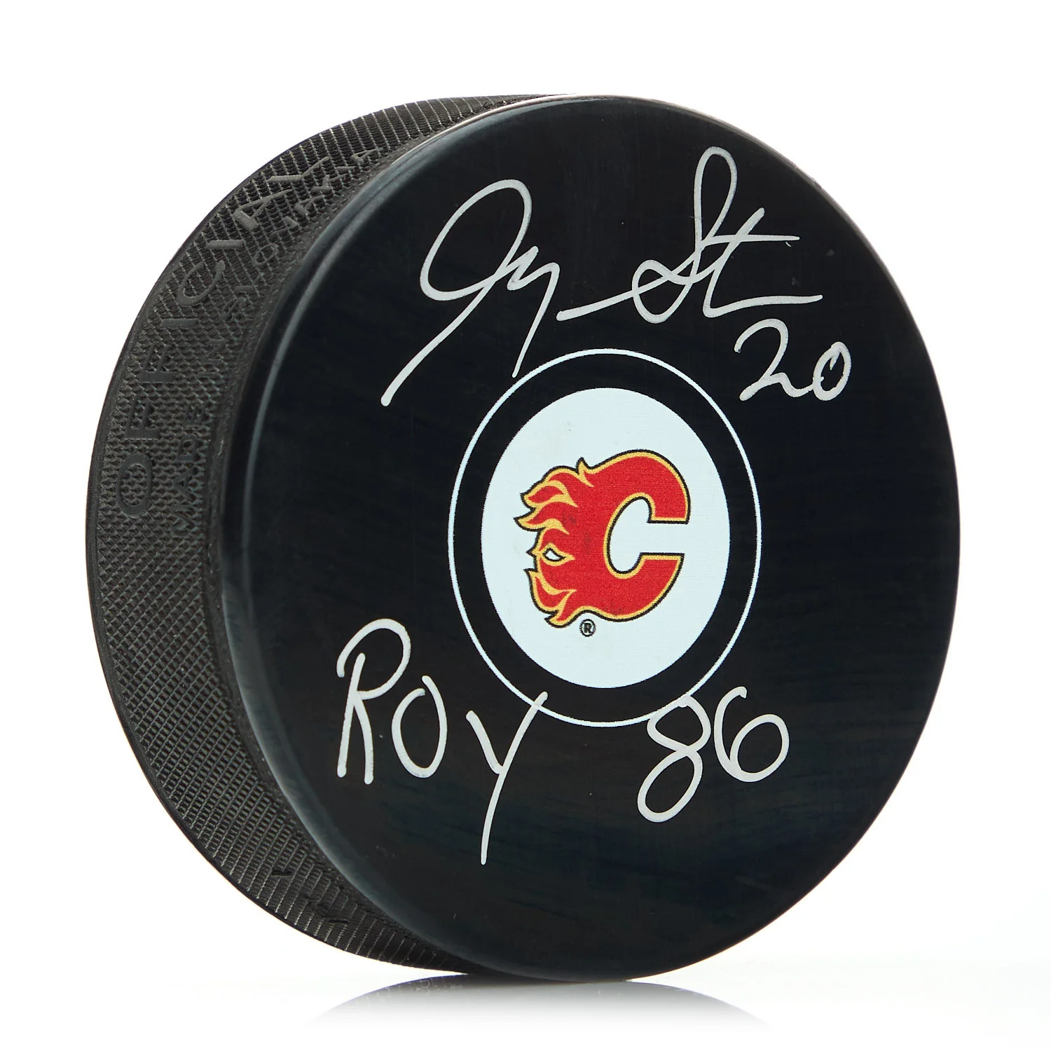Gary Suter Calgary Flames Autographed Hockey Puck with ROY 86 Note