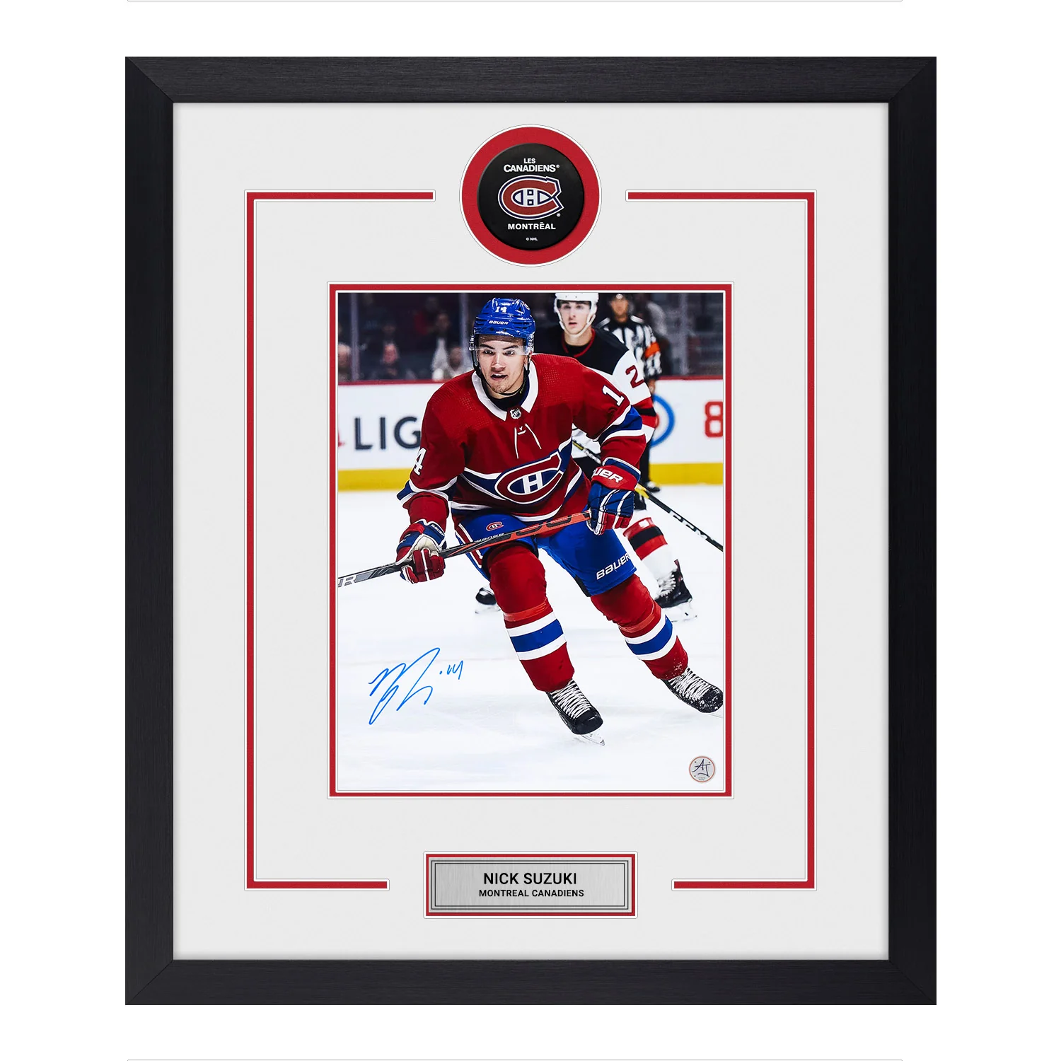 Nick Suzuki Autographed Montreal Canadiens Puck Logo 23x27 Frame