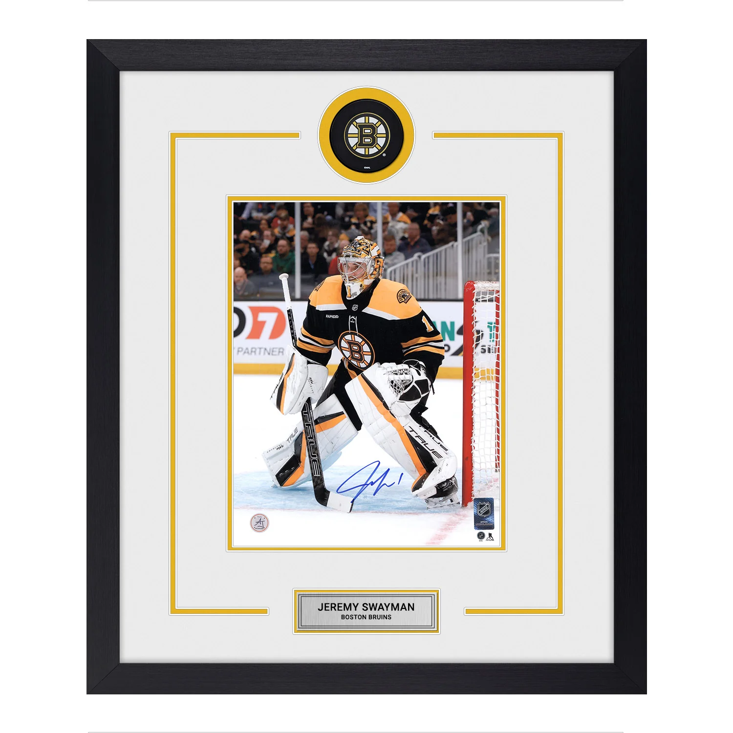 Jeremy Swayman Autographed Boston Bruins Puck Logo 23x27 Frame
