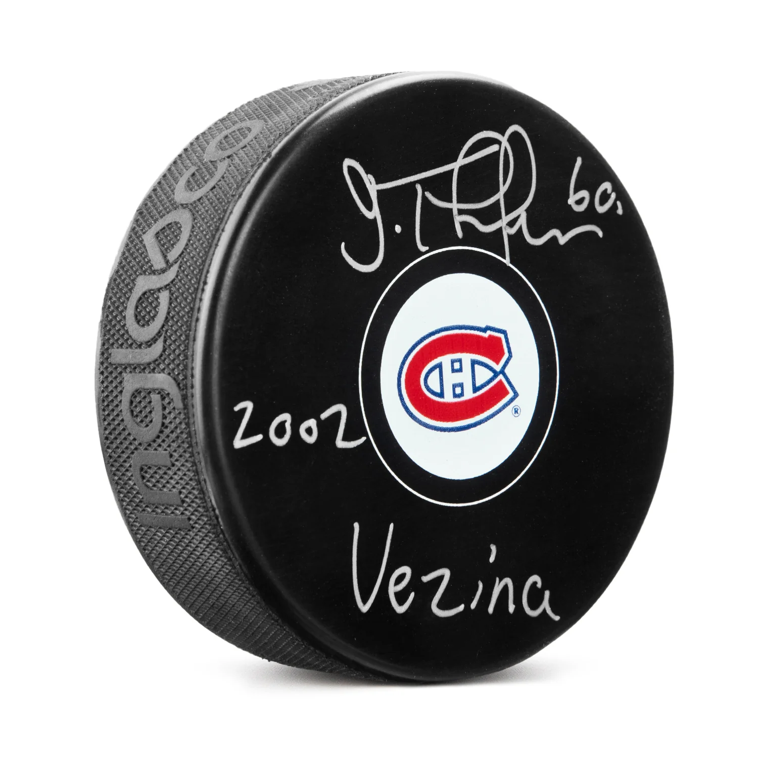 Jose Theodore Signed Montreal Canadiens Puck with 2002 Vezina Note