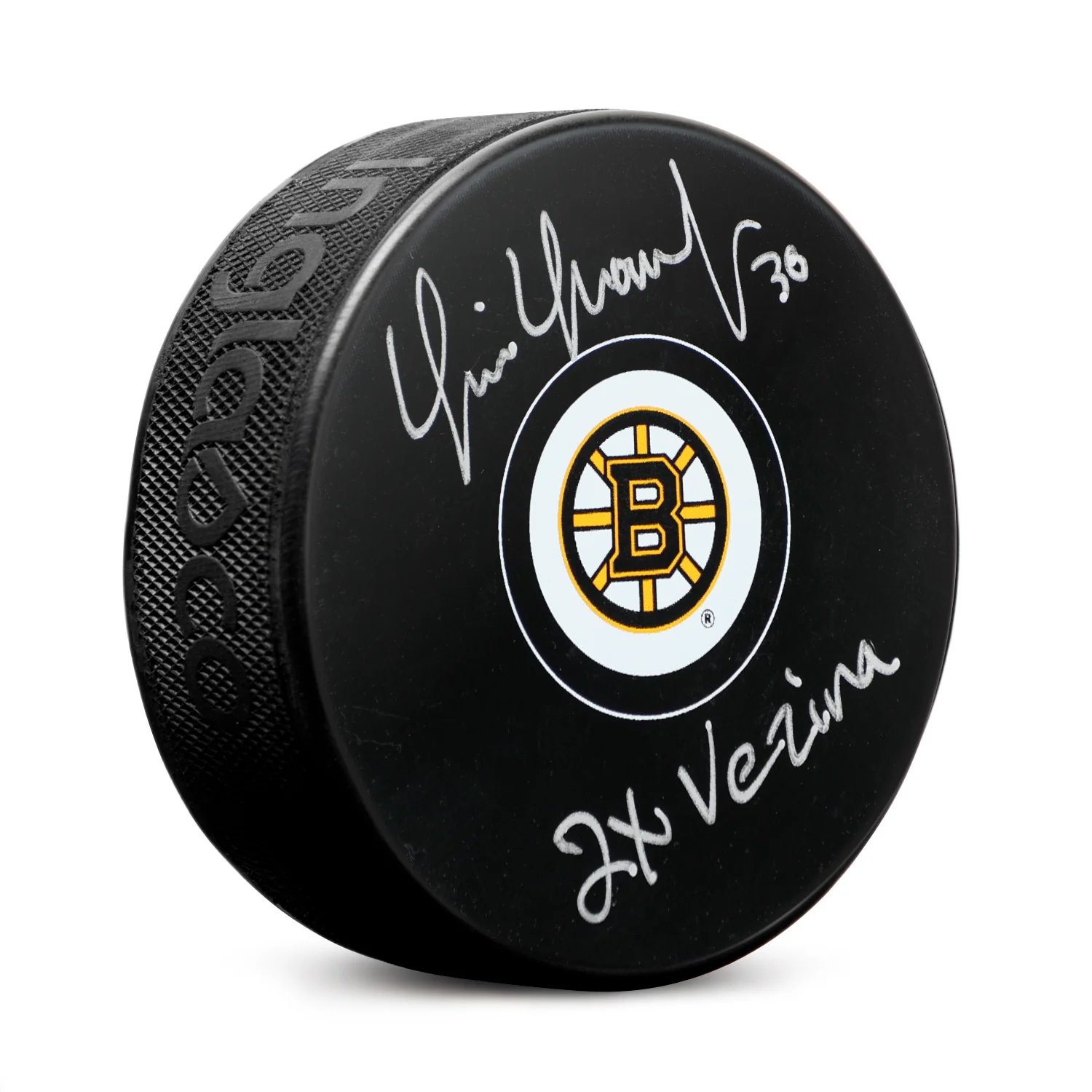 Tim Thomas Signed Boston Bruins Hockey Puck with 2x Vezina Note