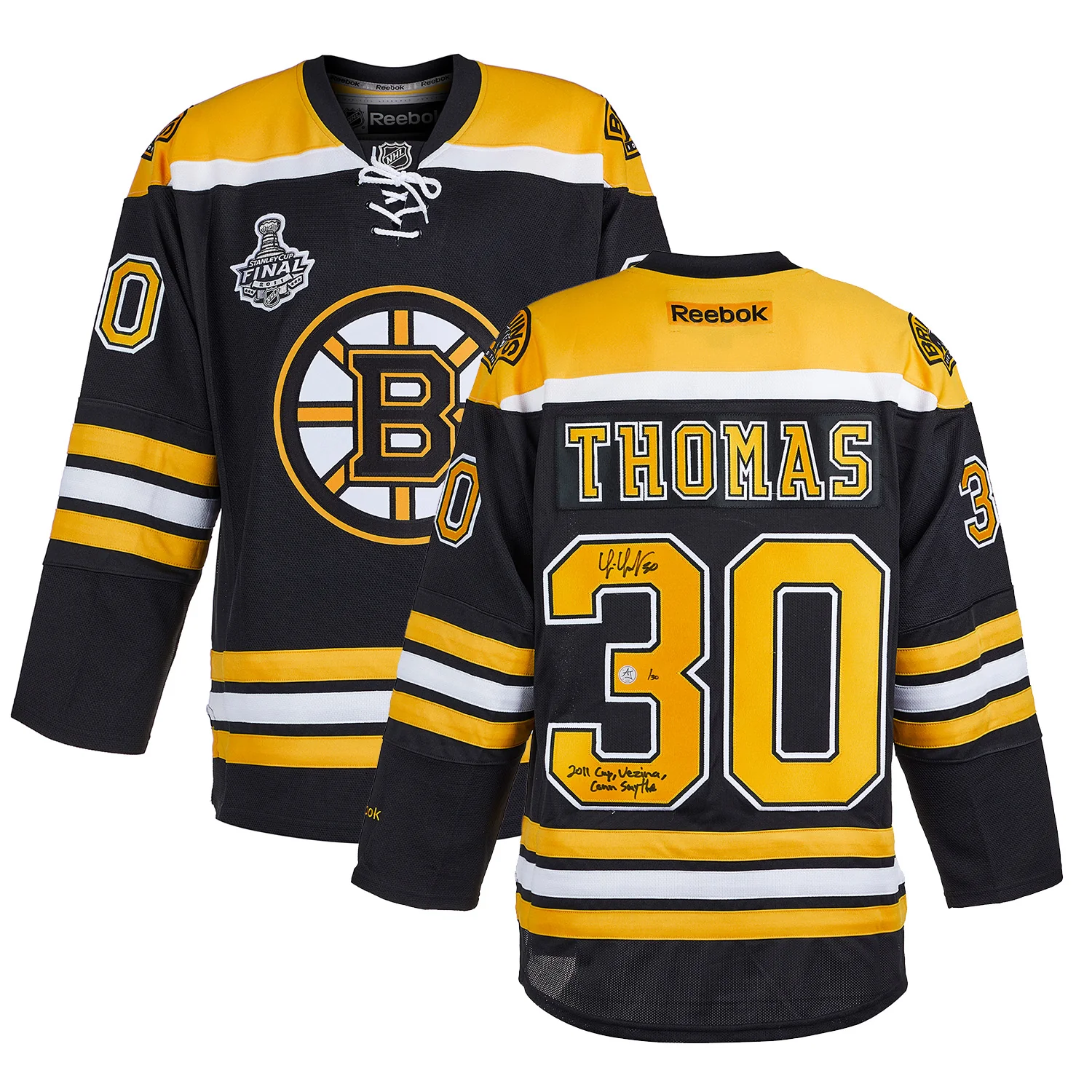 Tim Thomas Boston Bruins Signed & Inscribed 2011 Stanley Cup Reebok Jersey #/30 - Image 3