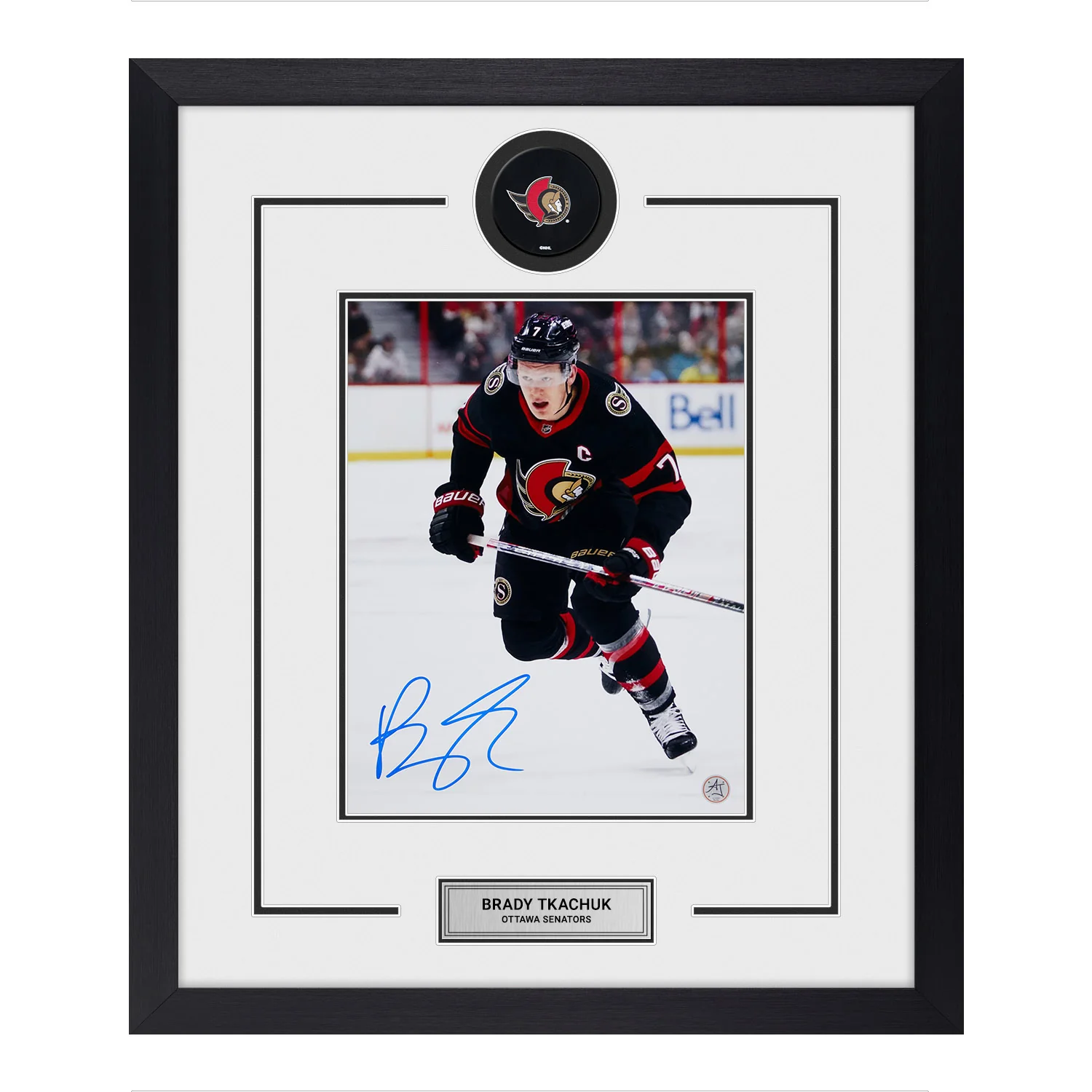 Brady Tkachuk Autographed Ottawa Senators Puck Logo 23x27 Frame
