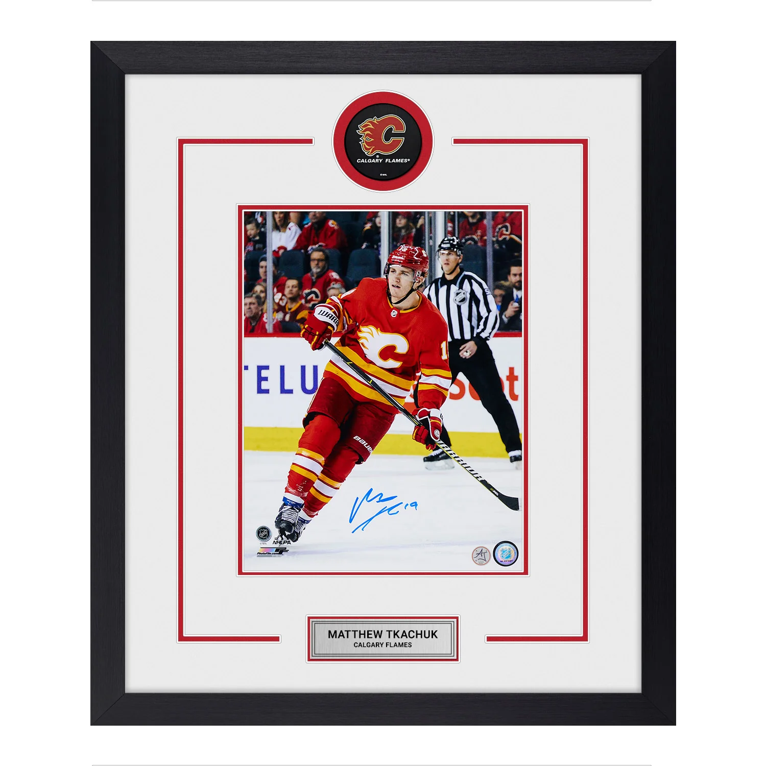 Matthew Tkachuk Autographed Calgary Flames Puck Logo 23x27 Frame