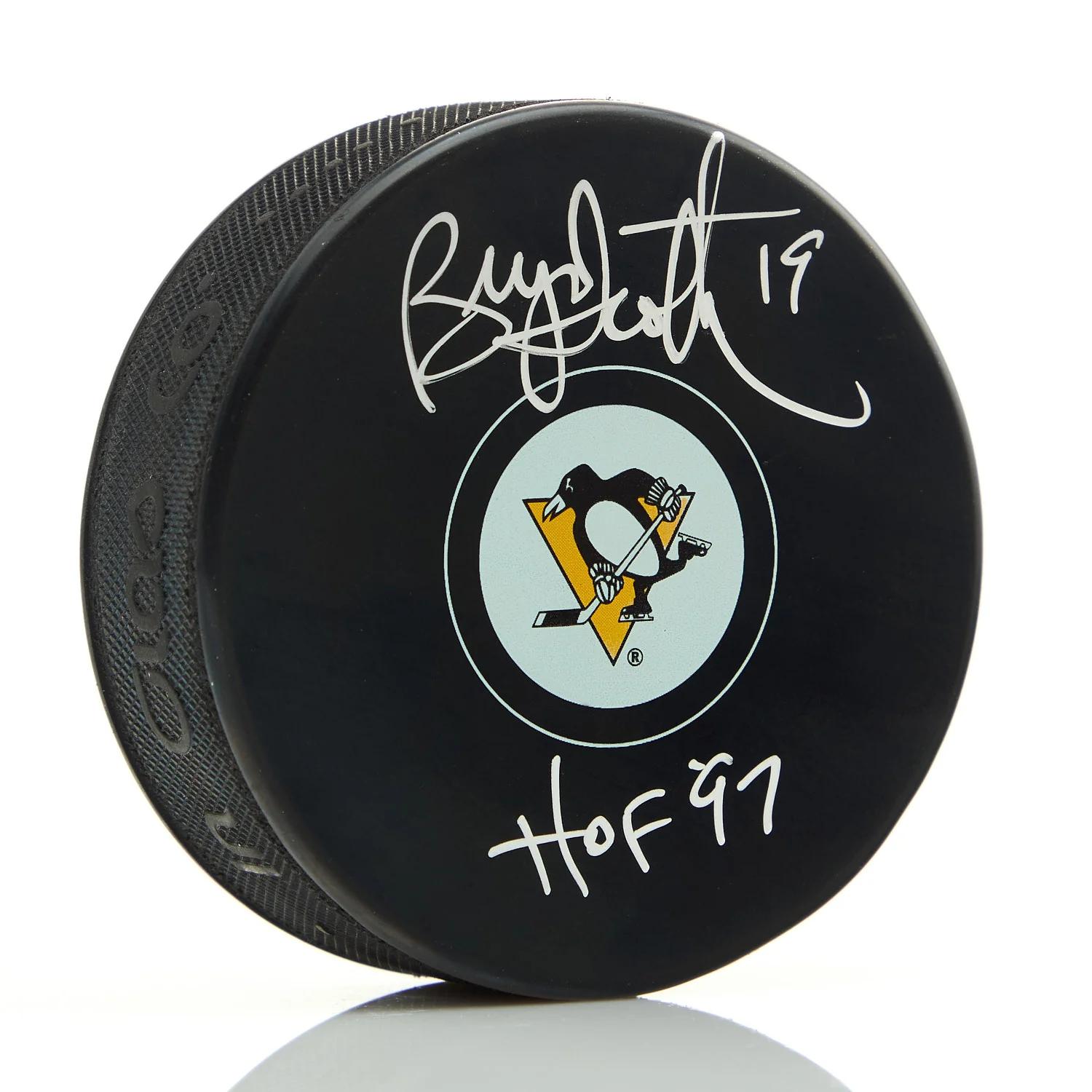 Bryan Trottier Autographed Pittsburgh Penguins Hockey Puck with HOF Note
