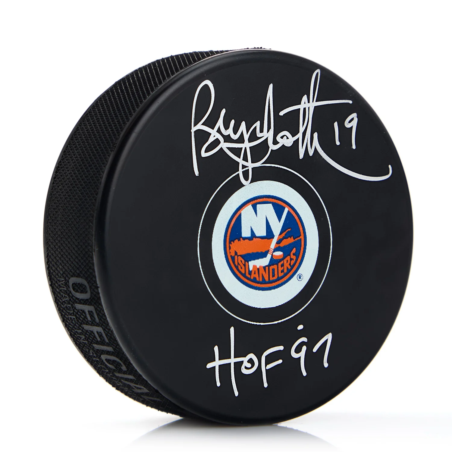Bryan Trottier Autographed New York Islanders Hockey Puck with HOF Note