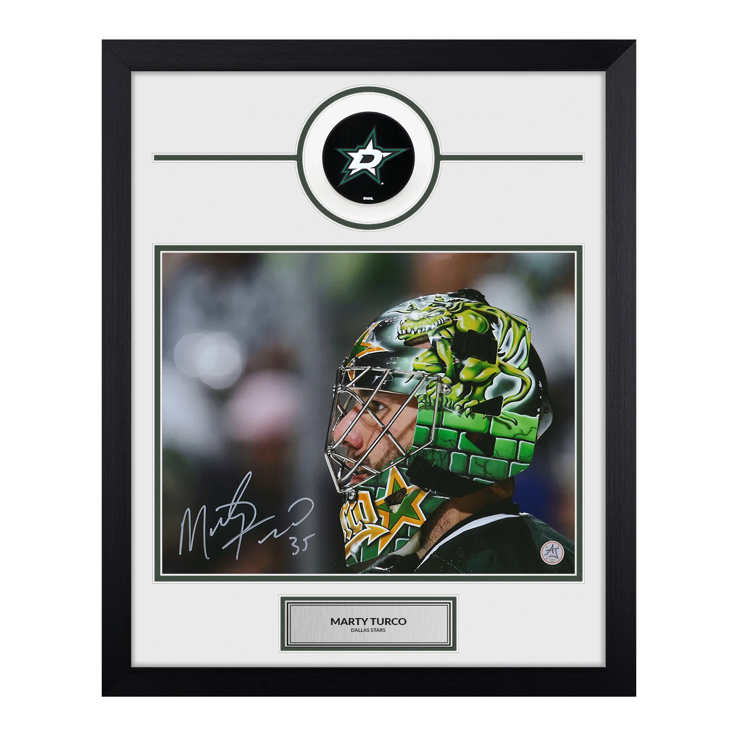 Marty Turco Autographed Dallas Stars Puck Logo 19x23 Frame