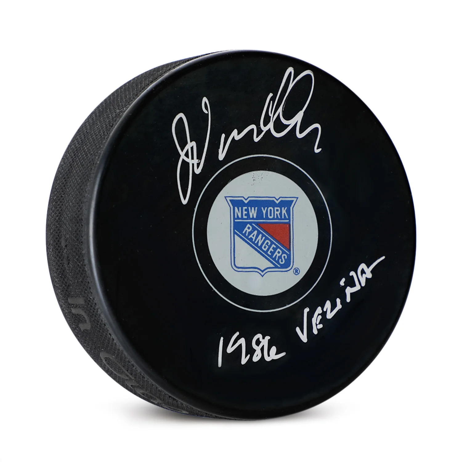 John Vanbiesbrouck Signed New York Rangers Puck with 1986 Vezina Note
