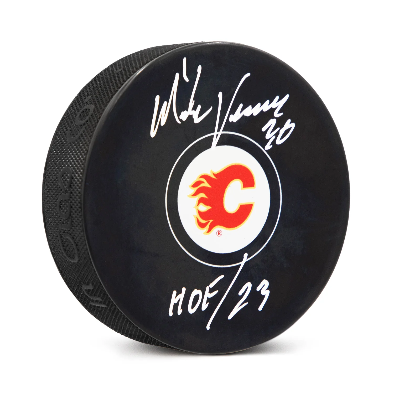 Mike Vernon Autographed Calgary Flames Hockey Puck with HOF Note