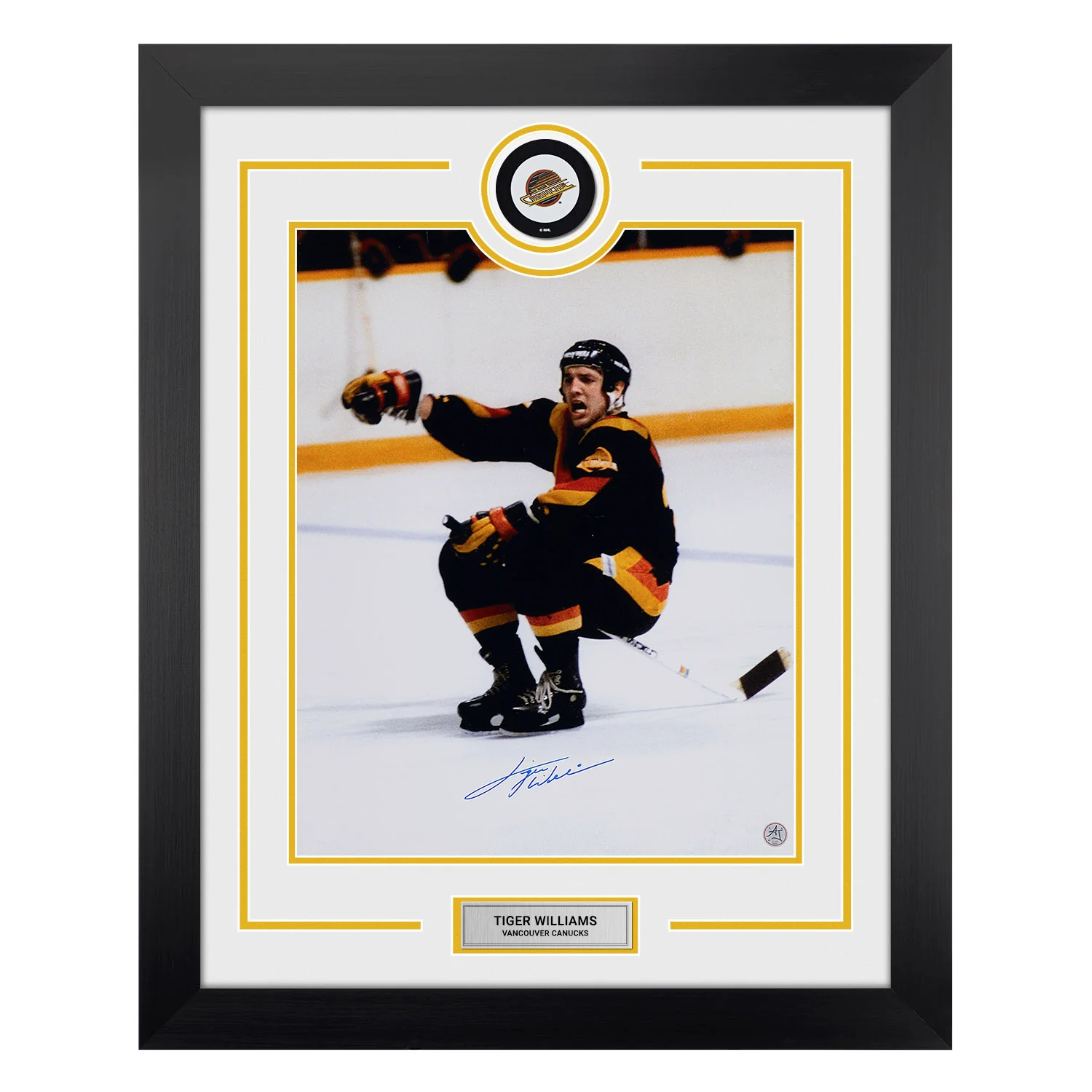 Tiger Williams Autographed Vancouver Canucks Puck Logo 26x32 Frame