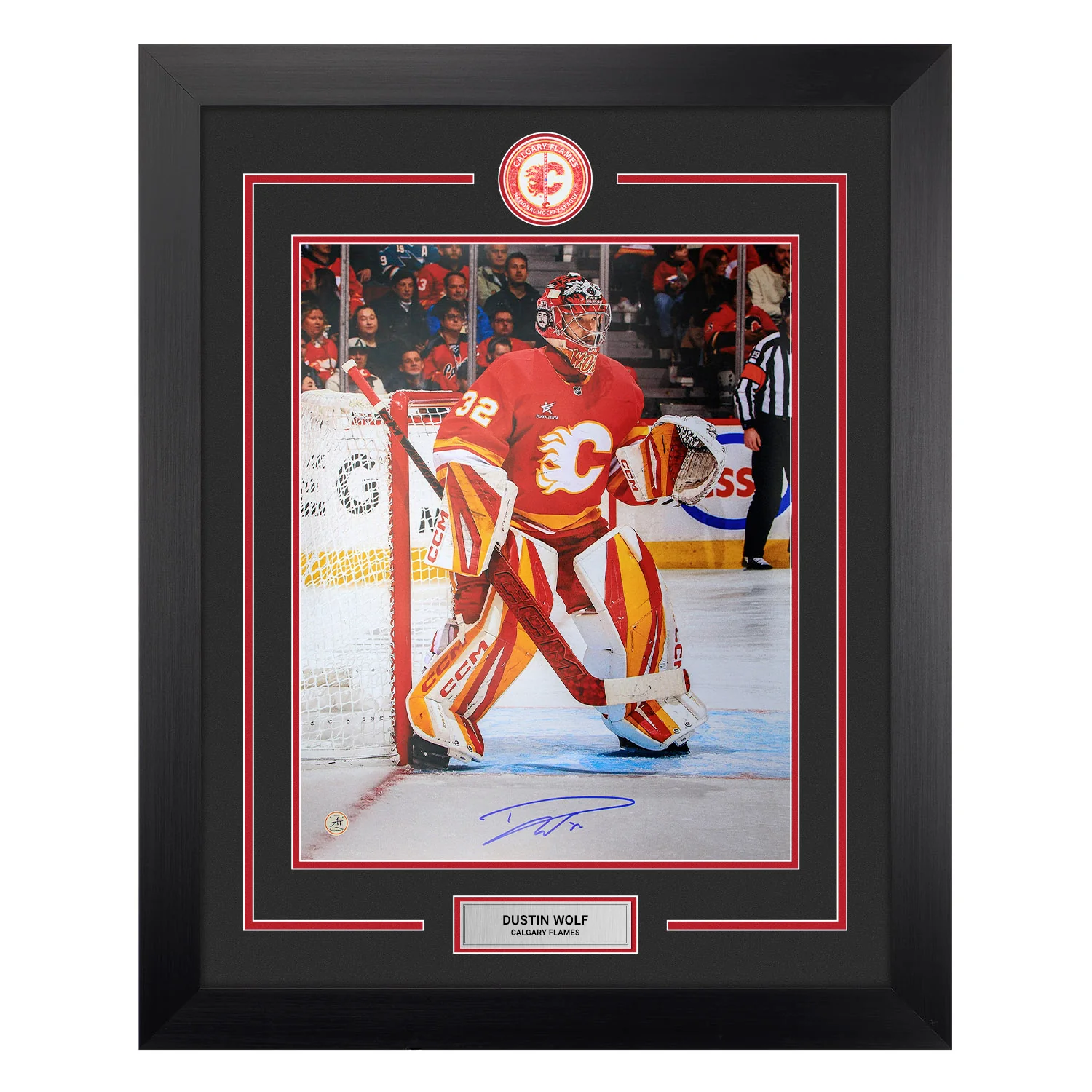 Dustin Wolf Autographed Calgary Flames Centre Ice Logo 26x32 Frame