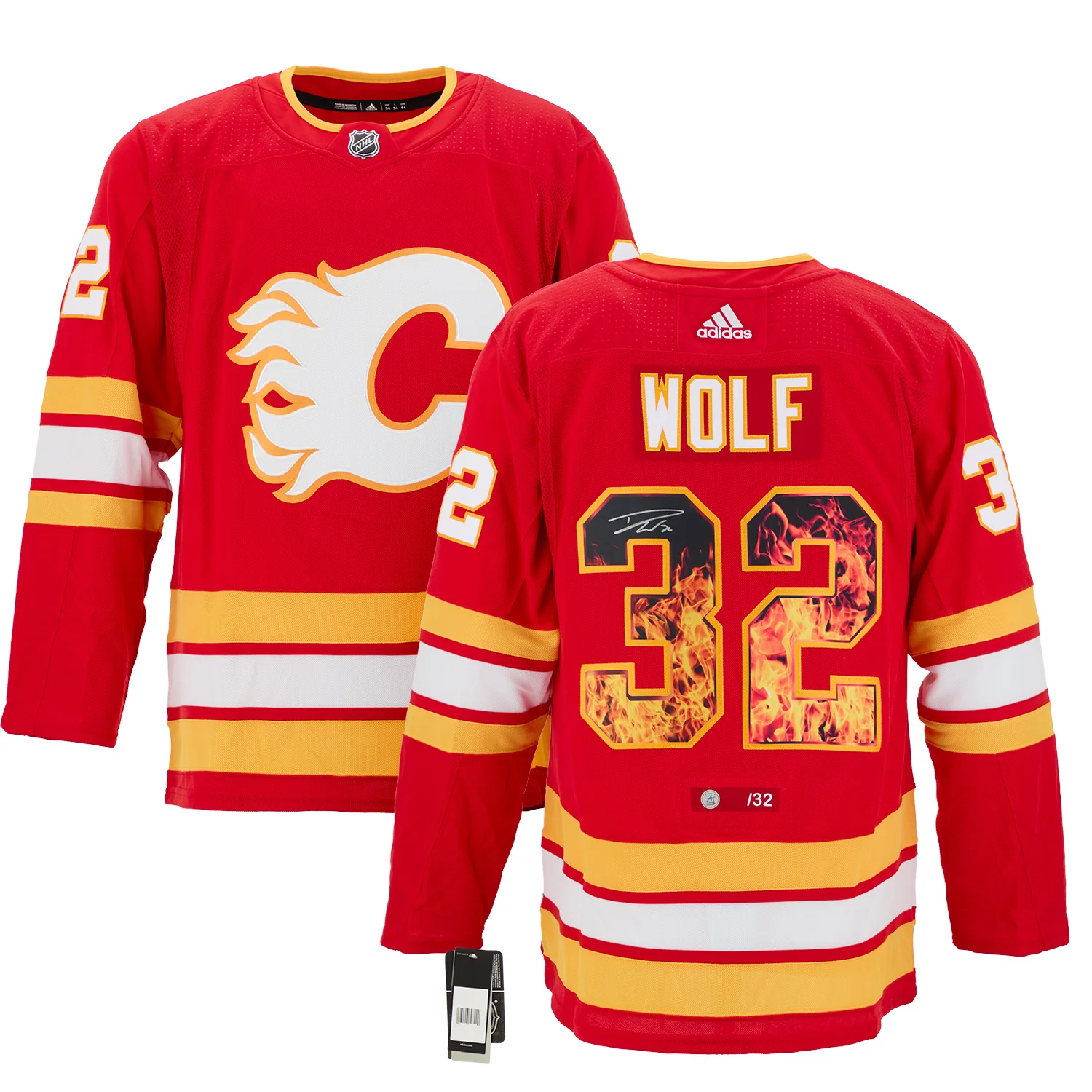 Dustin Wolf Signed Calgary Flames Roaring Fire adidas Art Jersey #/32 - Image 3
