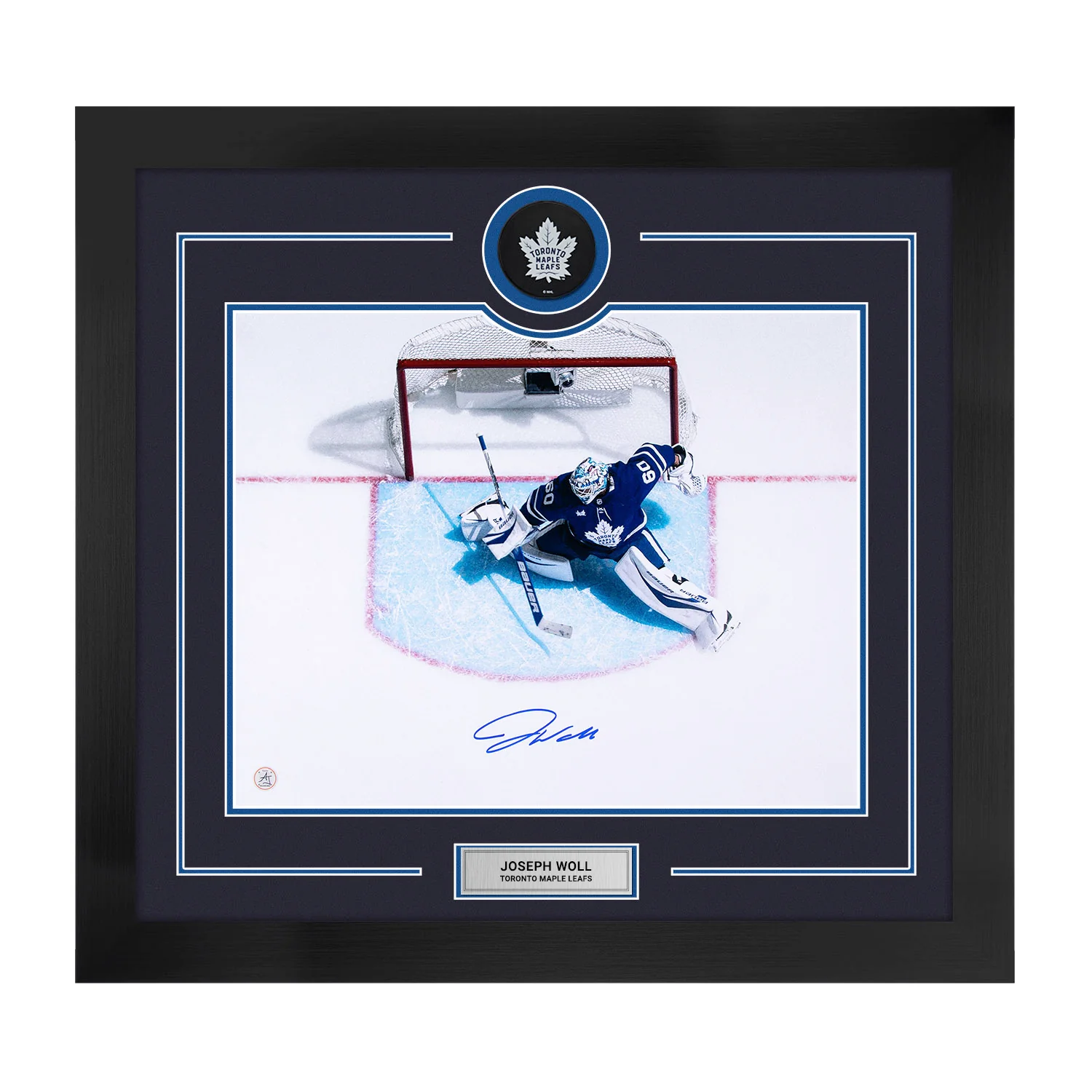 Joseph Woll Autographed Toronto Maple Leafs Puck Logo 28x30 Frame