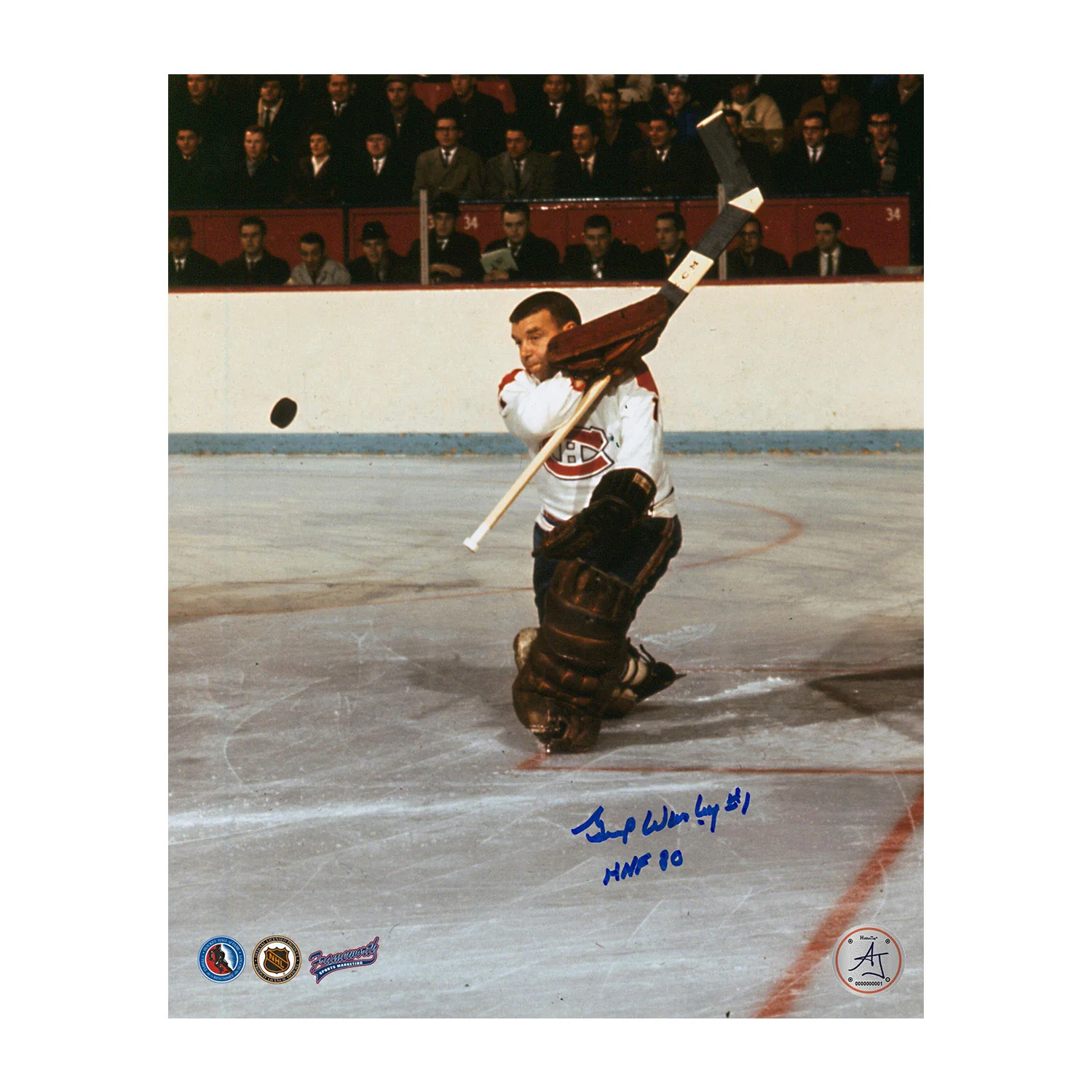 Gump Worsley Signed Montreal Canadiens Batting Puck 8x10 Photo with Note