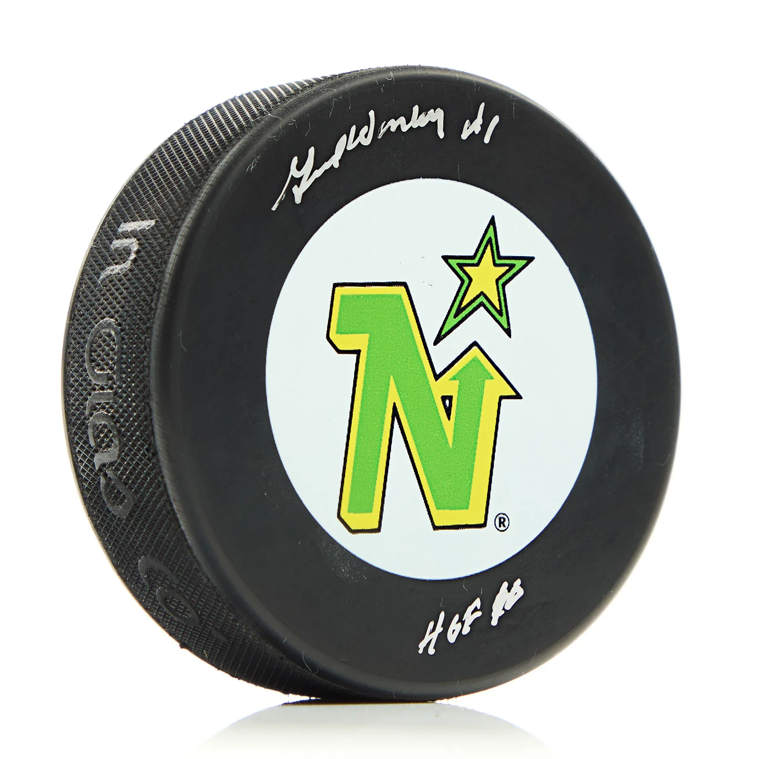 Gump Worsley Signed Minnesota North Stars Hockey Puck with HOF Note