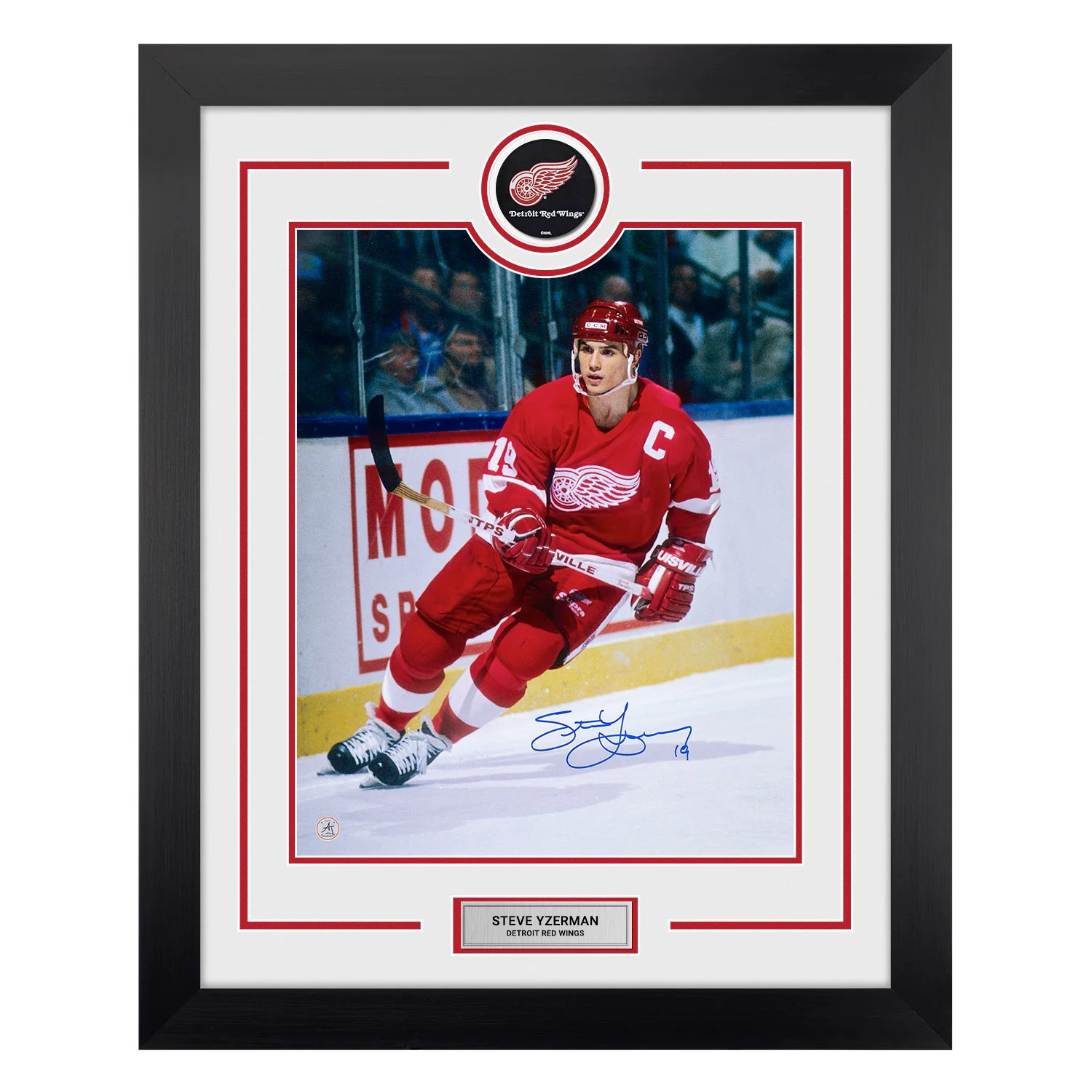 Steve Yzerman Signed Detroit Red Wings Puck Logo 26x32 Frame